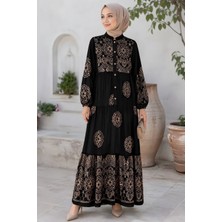 İmaj Butik Siyah Yarım Düğmeli Kol Lastikli Viskon Elbise