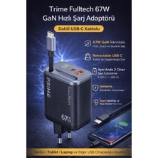 Azurtech Fulltech FC57 67W Gan Dijital Göstergeli Hızlı Şarj Adaptörü | Dahili Retractable Usb-C Kablo + Usb-A Çıkışı | Telefon, Tablet