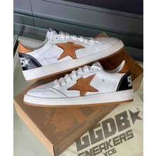 Golden Goose Ball Star Beyaz Deri Erkek Sneaker - Taba Yıldız Detaylı
