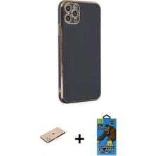 Marsilyan™- iPhone 11 Pro Max Kılıf Yankı Serisi - Siyah 18D Cam Ekran Koruyucu + Renkli Kamera Lens Koruma Cam - Yl
