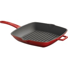 Lava Döküm Demir Izgara Tava 26 x 26 cm Kırmızı Emaye Kaplama Metal Saplı Tek Parça