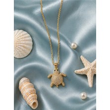 Sylvera Shop Işıltılı Taşlı Şans Kaplumbağası Çelik Kolye (Gold Renk)