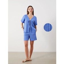 LC Waikiki Indigo Beli Lastikli Dokulu Müslin Kadın Şort