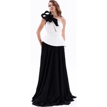 Bdm Exclusive Tek Omuz Piliseli Peplum Çiçek Aplikeli Uzun Saten Abiye Elbise