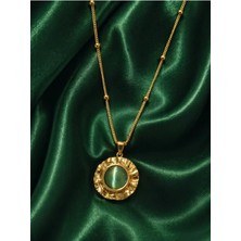 Sylvera Shop Mistik Yeşil Taşlı Vintage Çelik Kolye (Gold Renk)