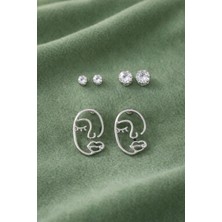 Sylvera Shop Minimal Yüz Figürlü Küpe & Taşlı Küpe Seti – Kombin Set (Gümüş Renk)