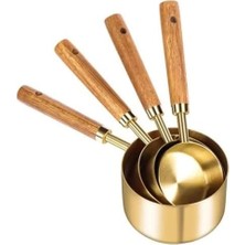 Peri Store 4 Boy Özel Üretim Ağaç Saplı Paslanmaz Çelik Ölçü Kaşığı Kabı Seti - Lüks Şık Doğal Görünüm, Otantik Altın Renk, 60 ml - 80 ml - 125 ml - 250 ml Ölçülerde