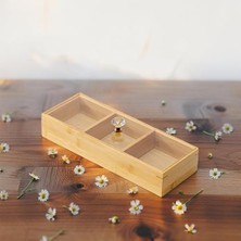Peri Store Bambu 3 Bölmeli Kristal Kapaklı Sunumluk, Kuru Meyve, Kuru Yemiş ve Drajeleriniz Için 3 Bölmeli Dikdörtgen Sunum Tepsisi ve Tabağı 30CM*10CM*6,5CM