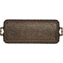 Peri Store Dikdörtgen Kulplu Sunum Tepsisi, Osmanlı Motifli Çay ve Kahve Servis Tepsisi, 2 Kişilik Dekoratif Küçük Tepsi (Antik Yeşil)