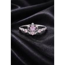 Sylvera Shop Romantik Pembe Taşlı Taç Yüzük - Ayarlanabilir (Gümüş Renk)