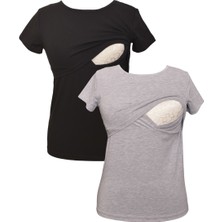 Luvmabelly Myra2501_2503 Emzirme T-Shirt Seti Kadın Kısa Kol Günlük Stil Siyah Gri %98 Pamuk Kalite