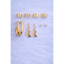 Sylvera Shop Luna Earcuff ve Halka Küpe Seti - Kombin Set (Gold Renk)