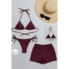 İmoda Kadın 3'lü Set Bordo Şortlu ve Yandan Bağlamalı Bikini Mayo Takımı