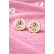 Sylvera Shop Çiçek Motifli Beyaz Vintage Küpe - Yuvarlak Form