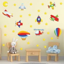 Peri Store Hava Araçları Duvar Seti - Renkli Uçaklar,, Roket ve Uçan Balon - Çocuk Odası Dekoratif Duvar Çıkartması