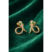Sylvera Shop Yeşil Taşlı Yılan Tasarım Küpe (Gold Renk)