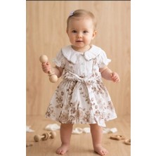 Moes Bayramlık Retro Çiçekli Yazlık Bebe Yaka Kısa Poplin Bebek Elbise - Kahve
