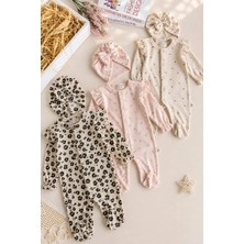 Dinamik çocuk Kız Bebek 3'lü Tulum Set Bandanalı Leopar Kalp Desenli Fırfırlı Uzun Kollu Çıtçıtlı (0-3AY) %100PAMUK