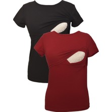 Luvmabelly Kadın Emzirme T-Shirt Seti Bisiklet Yaka S Beden %98 Pamuk Siyah ve Bordo