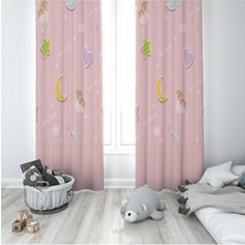 Peri Store Pelangi Pembe Ay Kalp ve Ayıcık Desenli Dijital Baskı Yıkanabilir Bebek Çocuk Odası Fon Perdesi, Açık Pembe-Sarı 140 x 240