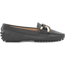 Kadın Siyah Hakiki Deri Zincir Tokalı Loafer Babet