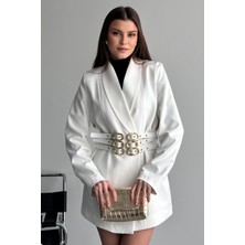 Moda Armanc Kadın 3 Kemerli Blazer Ceket Gold Tokalı Kruvaze Kesim