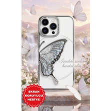 İhya Aksesuar iPhone 16 Pro Uyumlu Çıkıntılı Silikon Simli Kelebek Desenli Kamera Korumalı Şeffaf Telefon Kılıfı