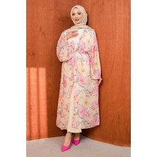 İmaj Butik Pembe Bel Bağlamalı Desenli Uzun Salaş Kimono