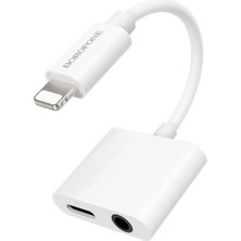 Borofone BV12 Lightning To 3.5mm Kulaklık ve Şarj Çoklayıcı Adaptör Çevirici (2 In 1) - Beyaz