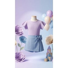 TA&CE Kids Ta&ce Kıds Kız Çocuk Fitilli Bluz ve Fiyonk Detaylı Şort Etek Bayramlık Takım- 4-9 Yaş