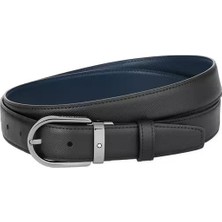 Montblanc Horseshoe Buckle Siyah-Mavi 30 mm Çift Taraflı Deri Kemer 128763