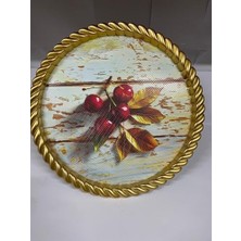 Assess Store Lüks Dekoratif Plastik Tepsi Altın Çerçeve 46X46 Eskitme Ahşap Üzeri Kiraz Desenli