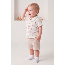 Joy Kids Erkek Bebek Araba Baskılı %100 Pamuk Müslin Takım (Ekru-Krem)