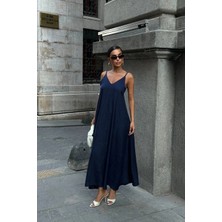 Esila Moda Mavi Ip Askılı Keten Elbise