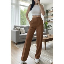 Emporya Trend Kadın Kahverengi Kumaş Pantolon | Yeni Sezon | Geniş Paça Düğme Kapamalı Palazzo Kesim