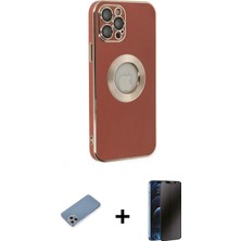 Marsilyan™- iPhone 12 Pro Max Kılıf Iz Form Serisi - Siyah 3D Antistatik Hayalet Cam Ekran Koruyucu + Shine Kamera Lens Koruma Cam - Gs