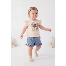 Joy Kids Kız Bebek Premium Kalite Kot Şortlu Dijital Baskılı Takım (9-24AY) (Krem)