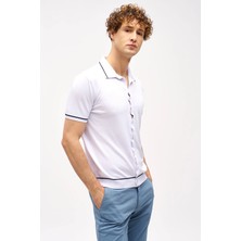 İGS Beyaz Slim Fit Dar Kalıp Düğmeli Polo Yaka Desenli Kısa Kollu Triko Tişört