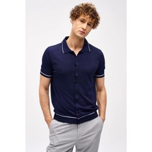 İGS Lacivert Slim Fit Dar Kalıp Düğmeli Polo Yaka Desenli Kısa Kollu Triko Tişört