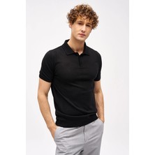 İGS Erkek Siyah Slim Fit Dar Kalıp Polo Yaka Düz Kısa Kollu Triko Tişört