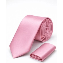 Toz Pembe Saten Kravat & Mendil Seti