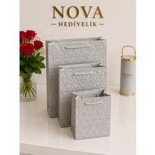 Nova Lüks 3’lü Karton Hediye Çantası Seti – Gri Renk Gold Detaylı Premium Tasarım