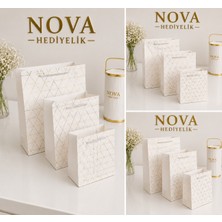 Nova Lüks 3’lü Karton Hediye Çantası Seti – Beyaz Renk Gold Detaylı Premium Tasarım