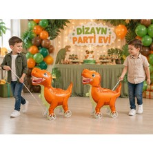 Dizayn Parti Evi Tekerlekli Dinozor Folyo Balon Yürüyen Dinozor Balon Çocuk Parti Süsü Turuncu Dinozor