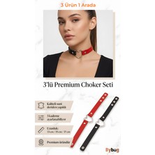 Bybag Kadın 3'lü Set Kalp Detaylı Ayarlanabilir Suni Deri Choker Tasma Kolye Siyah Kırmızı