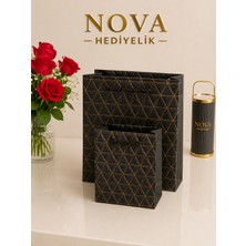 Nova Lüks 2'li Karton Hediye Çantası Seti – Siyah Renk Gold Detaylı Premium Tasarım