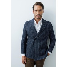 İGS Erkek Lacivert Slim Fit Kruvaze Ceket – Geniş Kırlangıç Yaka Desenli