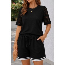 Trend Cojans Kadın Kısa Kollu Bisiklet Yakalı Waffle Bluz ve Short Ikili Takım