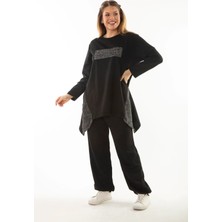 Şans Kadın Büyük Beden Siyah Sim Detaylı Sweatshirt Pantolon Ikili Takım 65N37054