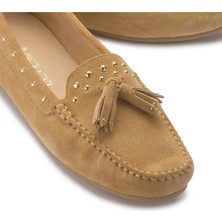 Kadın Süet Loafer Ayakkabı Püsküllü Pim Detaylı Rahat Günlük